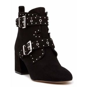 Rebecca Minkoff Logan Black Suede Studded Ankle Boots With Buckles